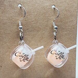 Handmade Miniature Iced Coffee Cup Dangle Drop Peach Earrings Silver Tone